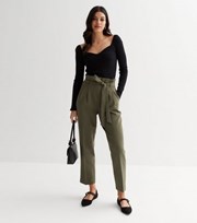 New Look Khaki Belted Paperbag Crop Trousers